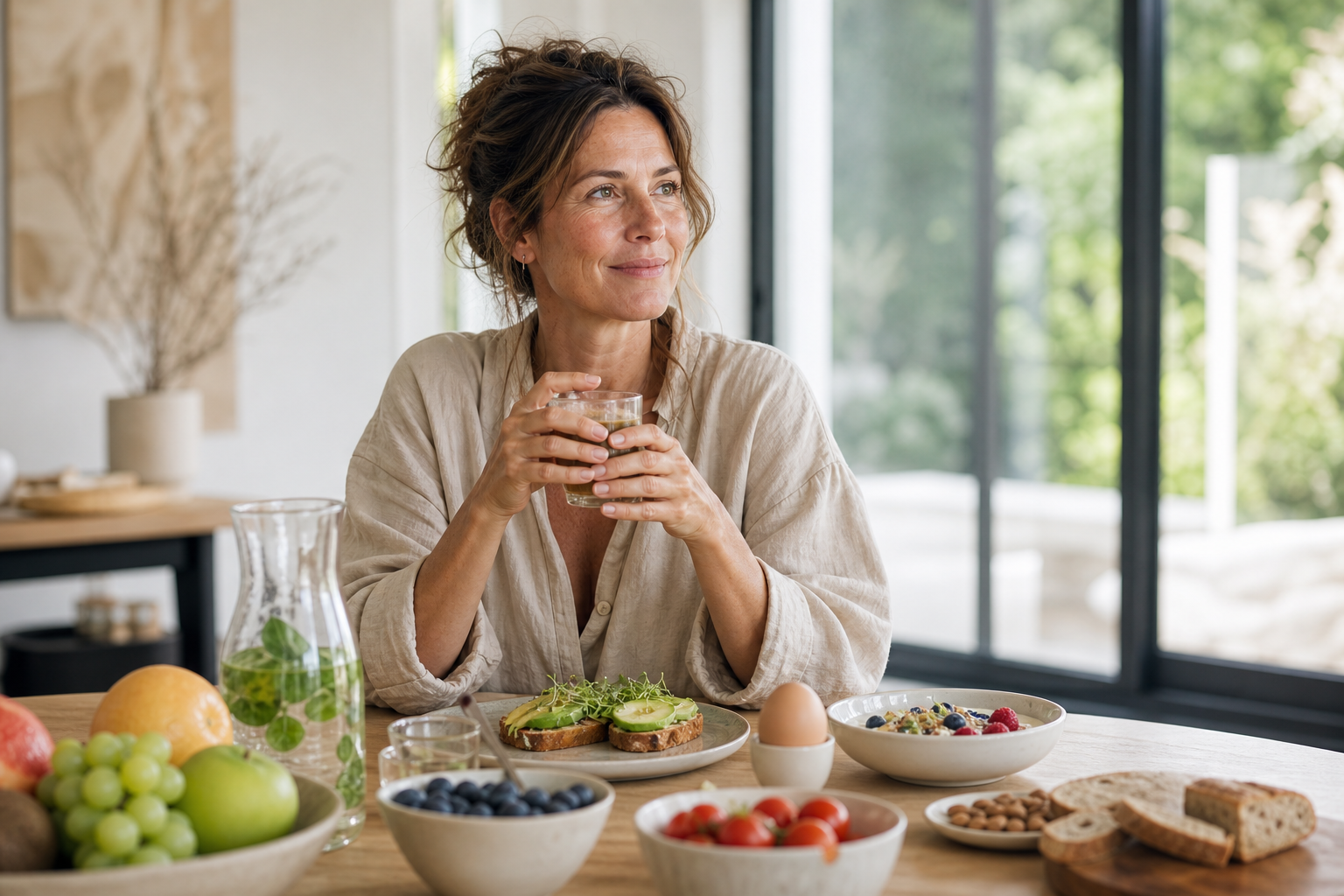Nederlandse vrouw 48+ met gevarieerd ontbijt aan tafel