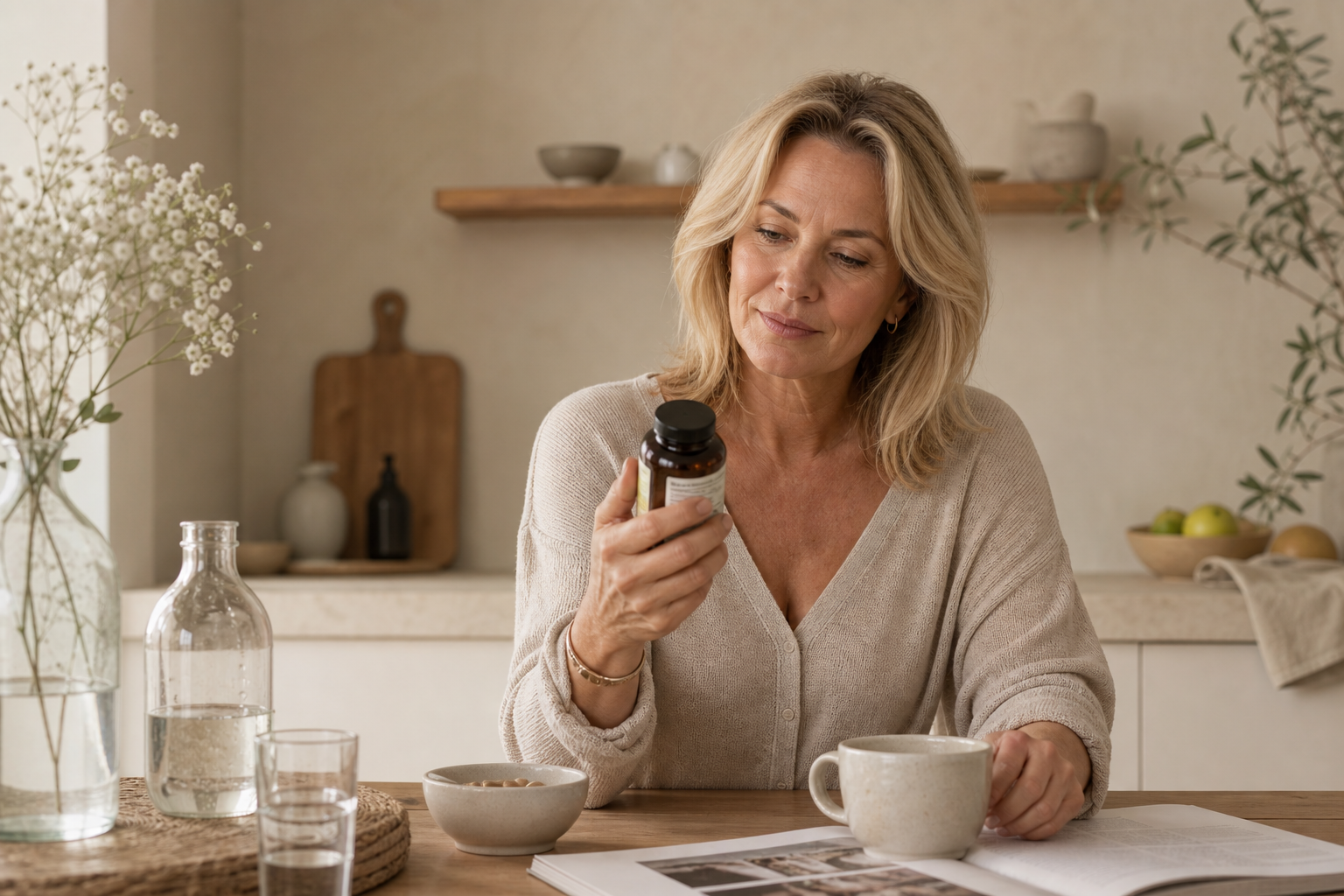 Nederlandse vrouw 53+ leest informatie aan keukentafel