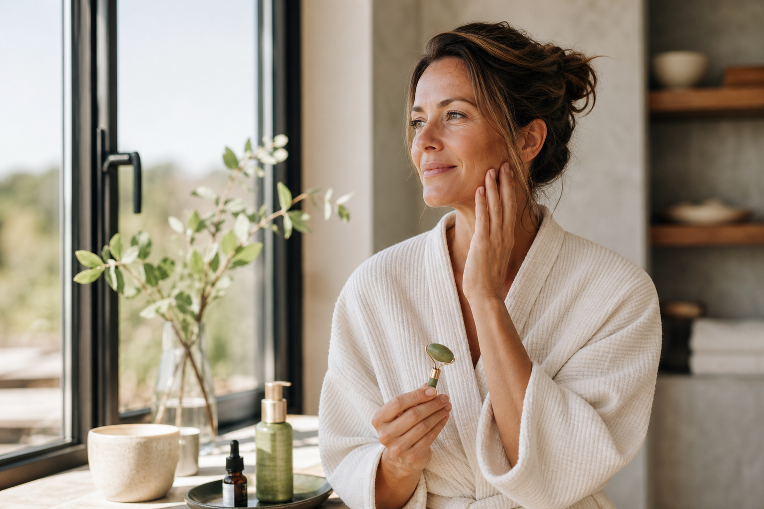 Nederlandse vrouw 47+ bij raam met ochtendroutine