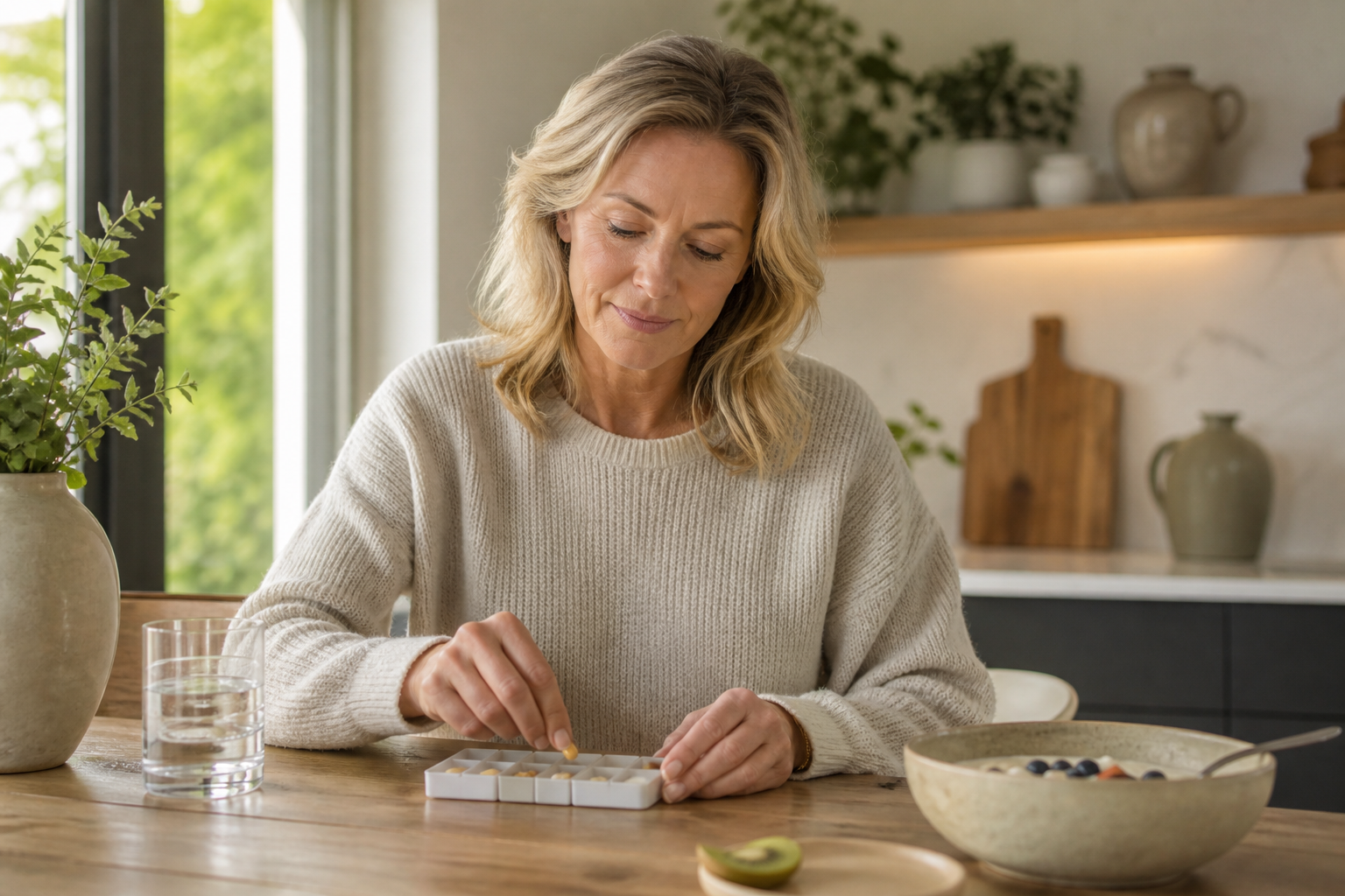 Nederlandse vrouw 53+ zet dagelijkse vitamines klaar bij ontbijt