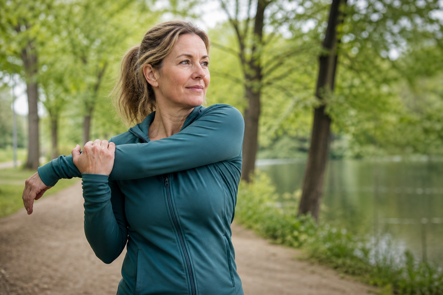 Nederlandse vrouw 49+ rekt uit na sportieve wandeling