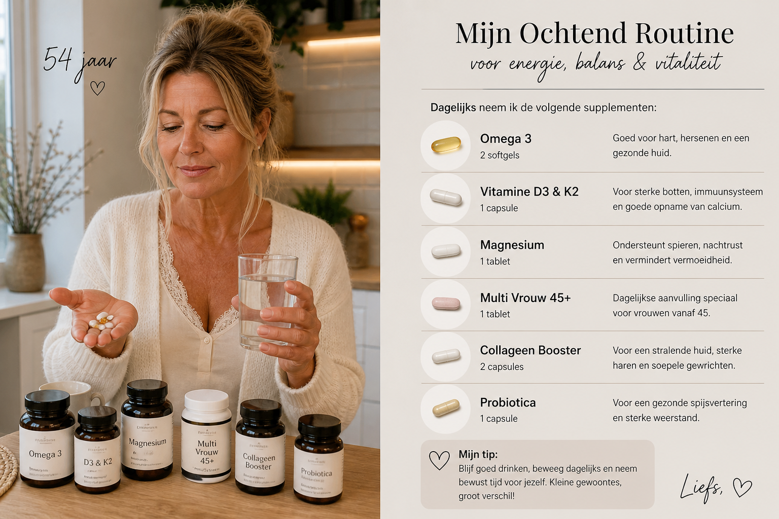 Nederlandse vrouw 54+ supplementroutine ochtend