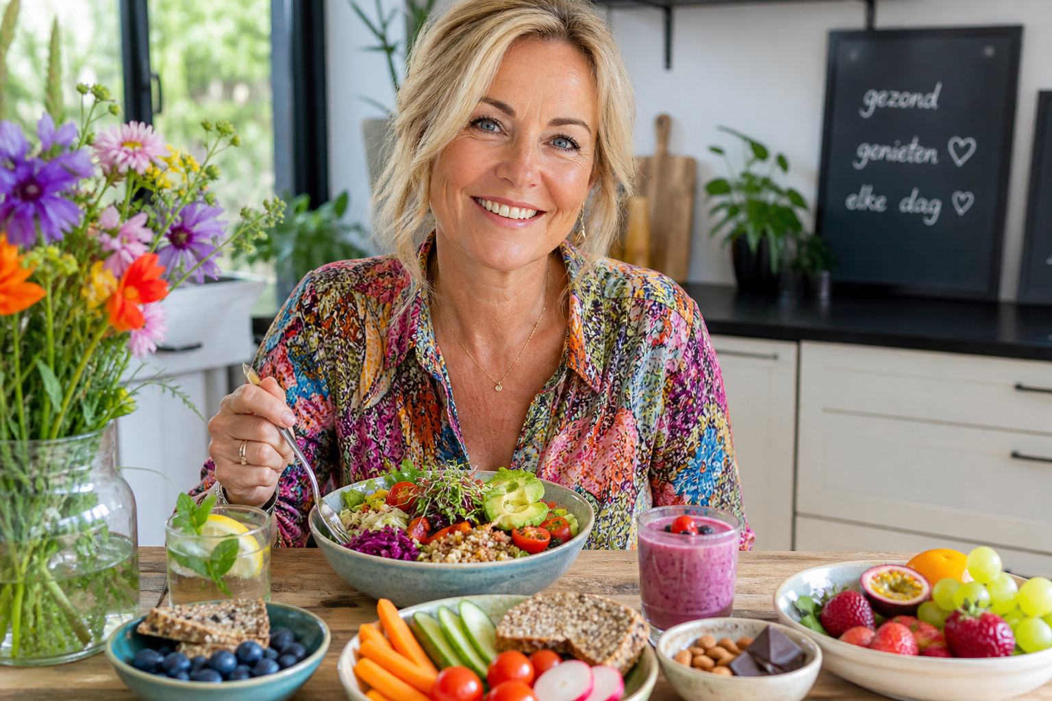 Nederlandse vrouw 50+ kleurrijke gezonde lunch