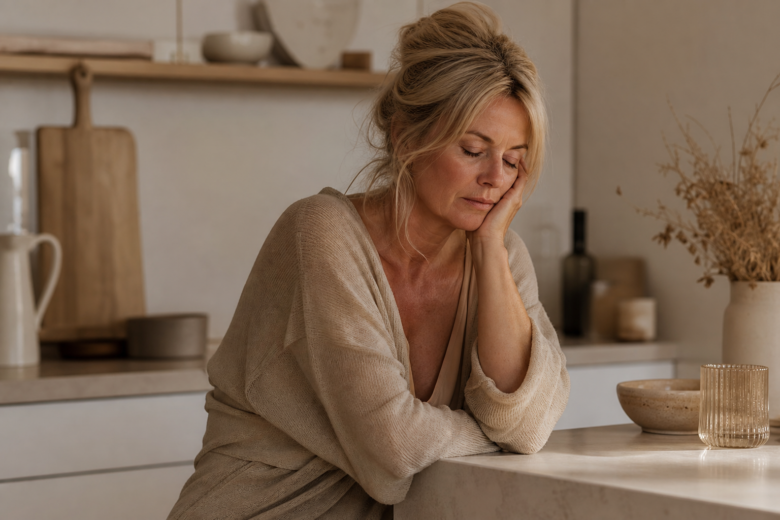 Nederlandse vrouw 49+ moe na werkdag aan tafel