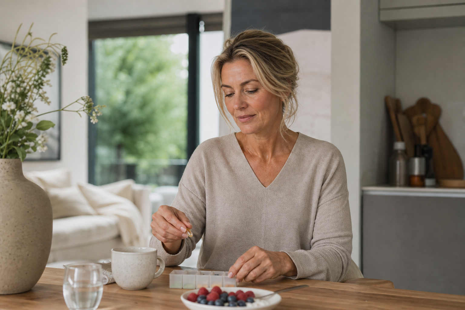 Nederlandse vrouw 49+ pakt vitamines in voor drukke dag