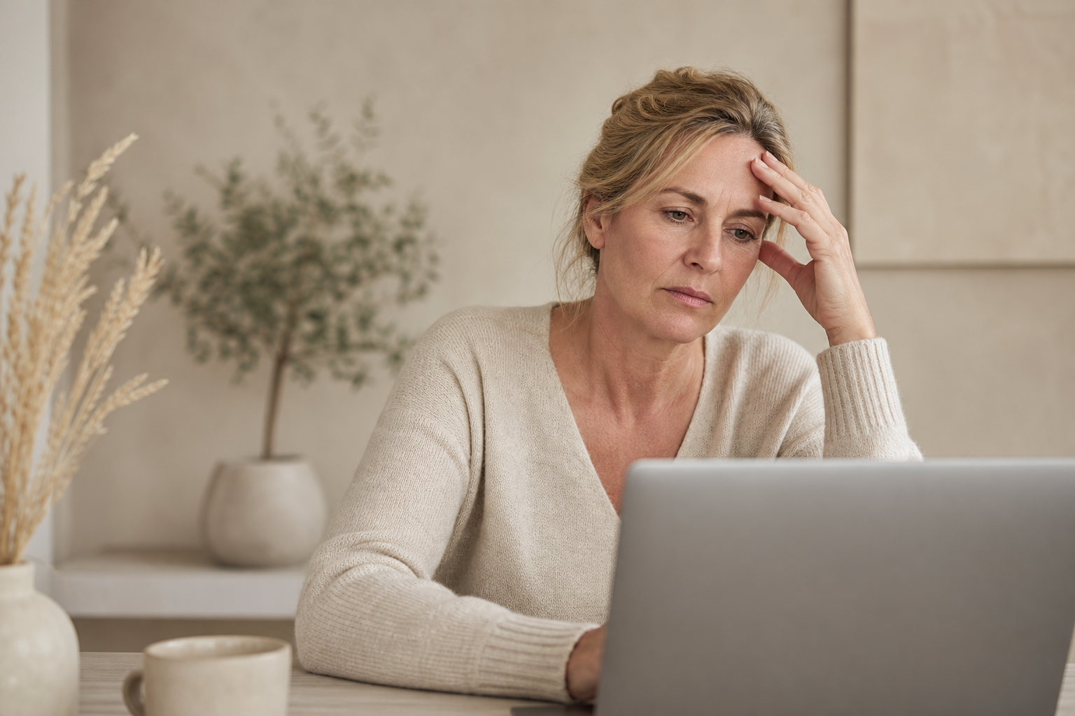 Nederlandse vrouw 53+ moe achter laptop op thuiswerkplek