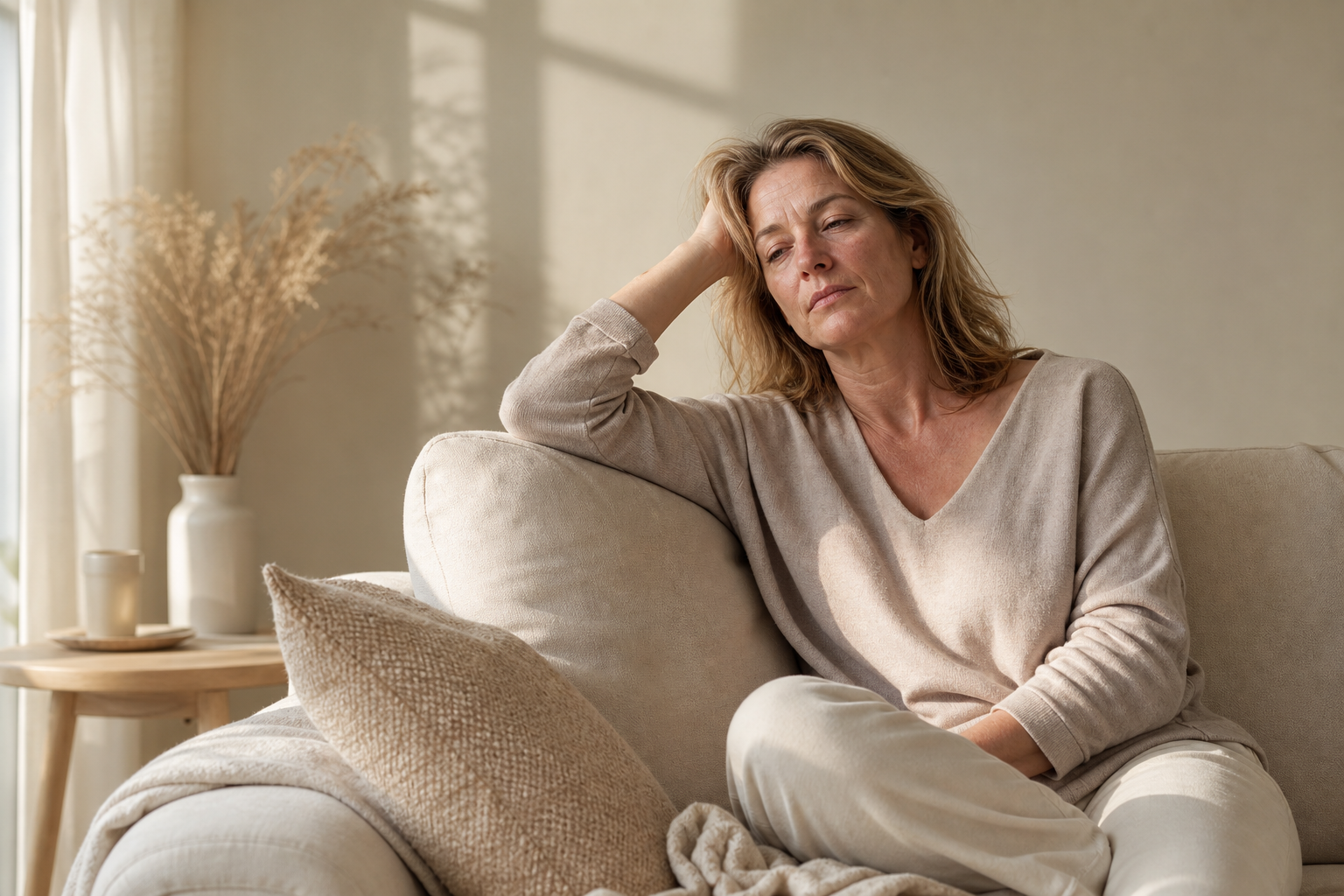 Nederlandse vrouw 51+ moe op bank bij ochtendlicht