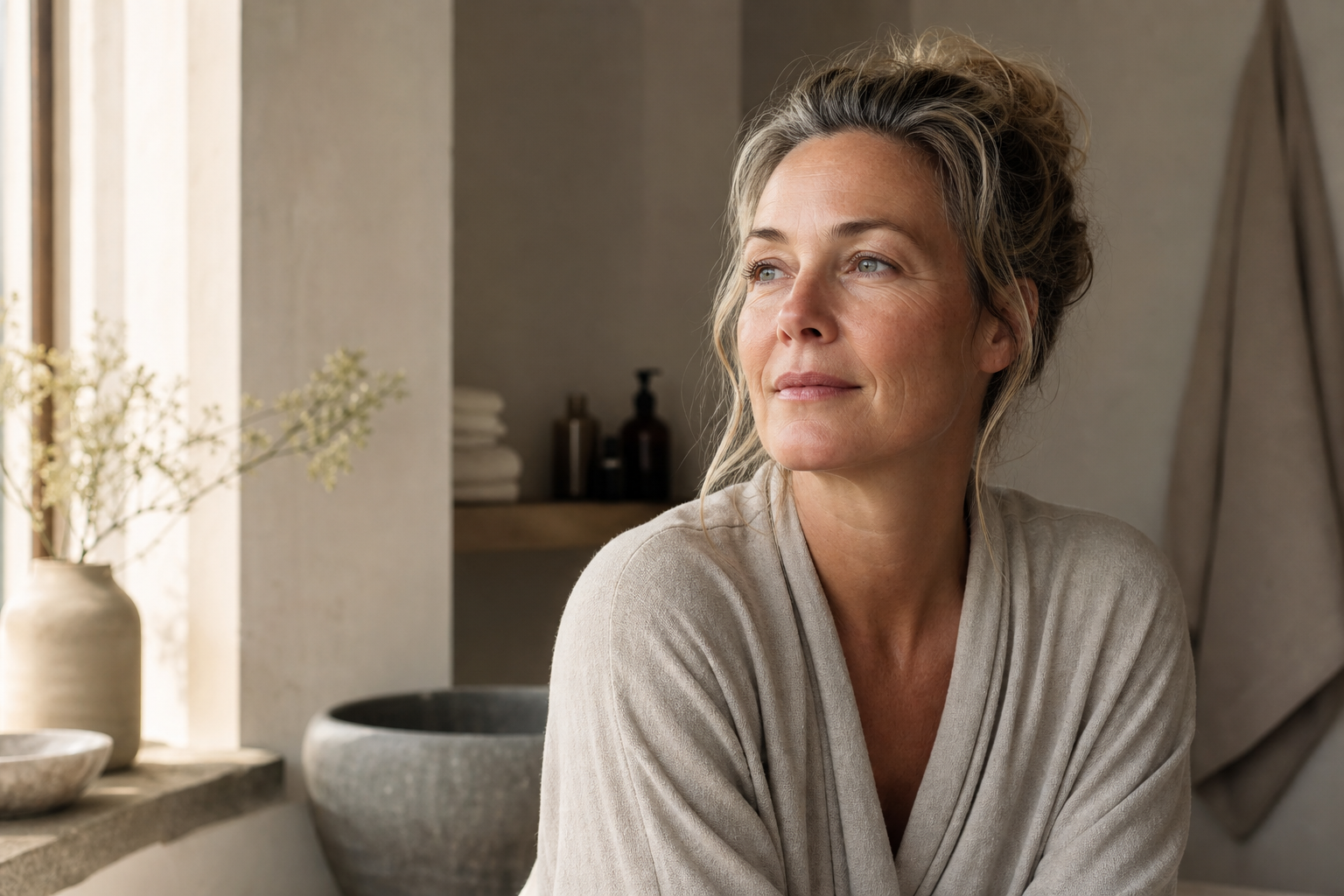 Nederlandse vrouw 50+ peinzend bij ochtendlicht