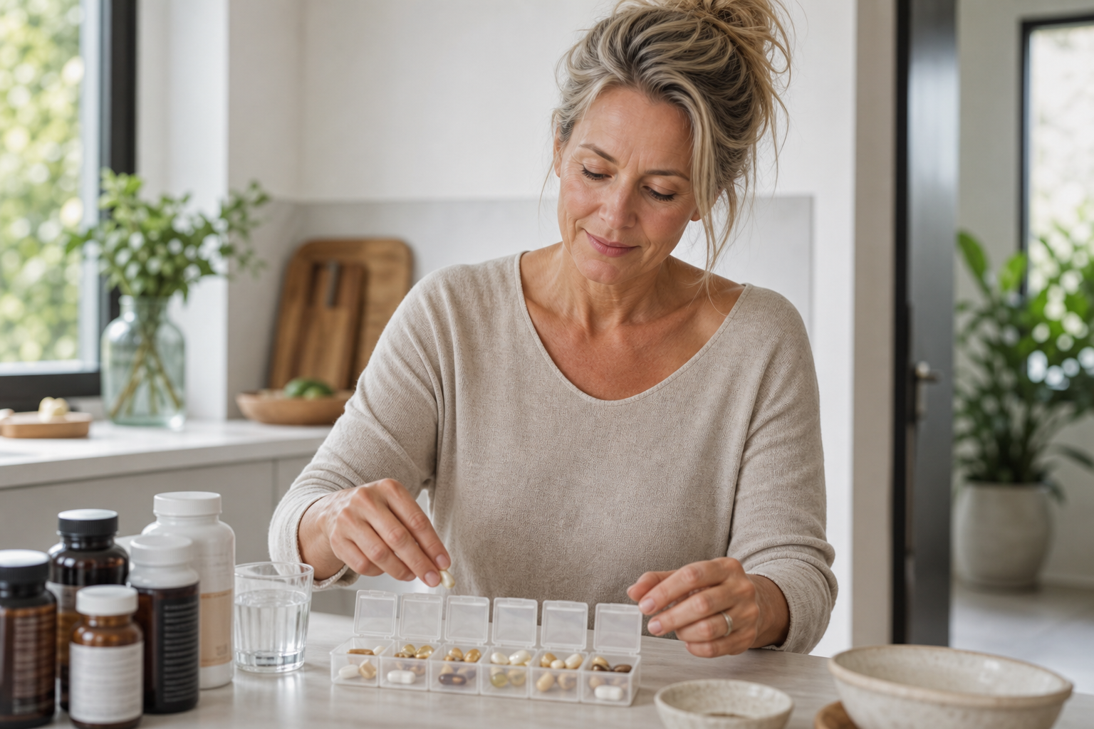 Nederlandse vrouw 49+ pakt vitamines in voor drukke week