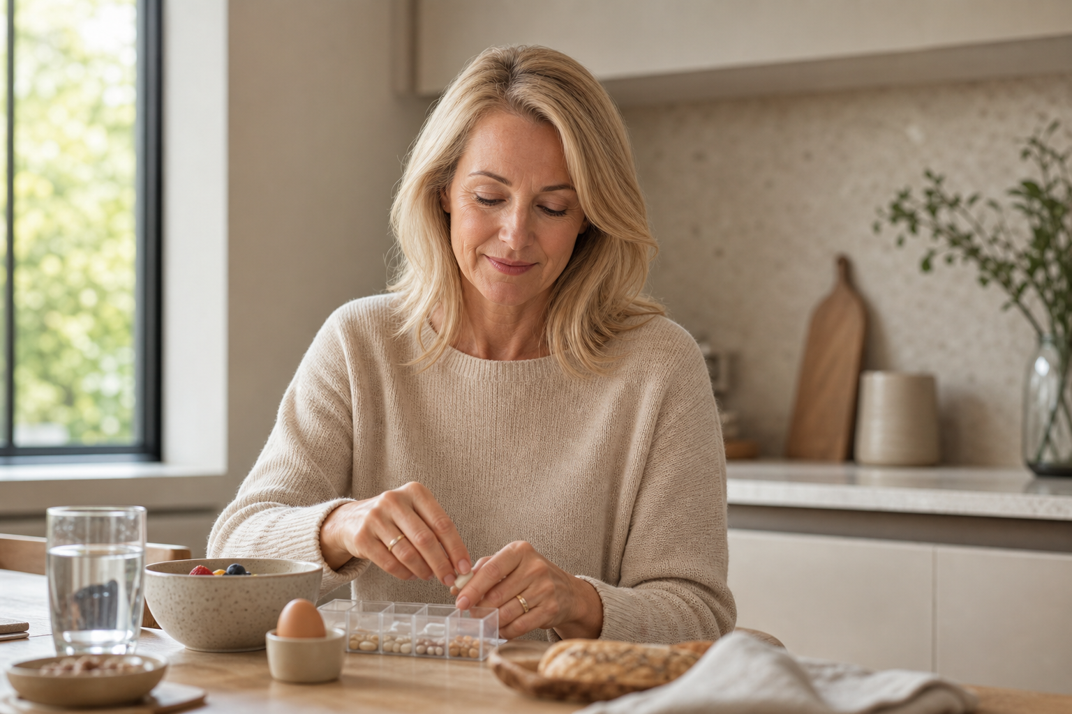 Nederlandse vrouw 50+ pakt dagelijkse vitamines in bij ontbijt