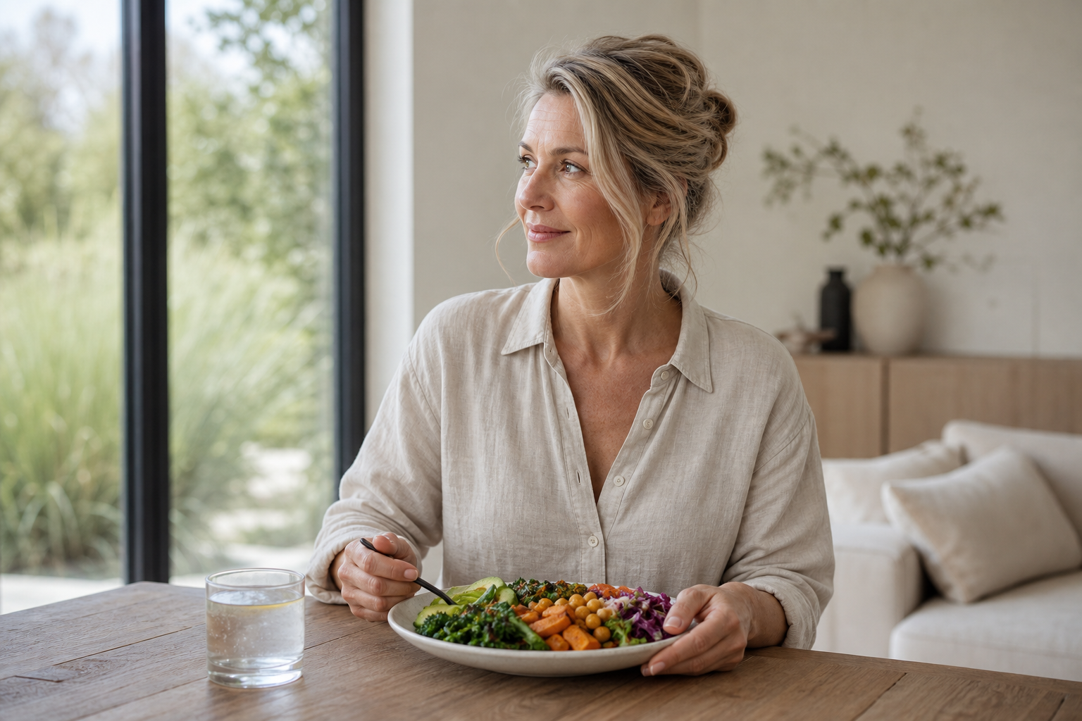 Nederlandse vrouw 49+ met gezonde maaltijd aan tafel