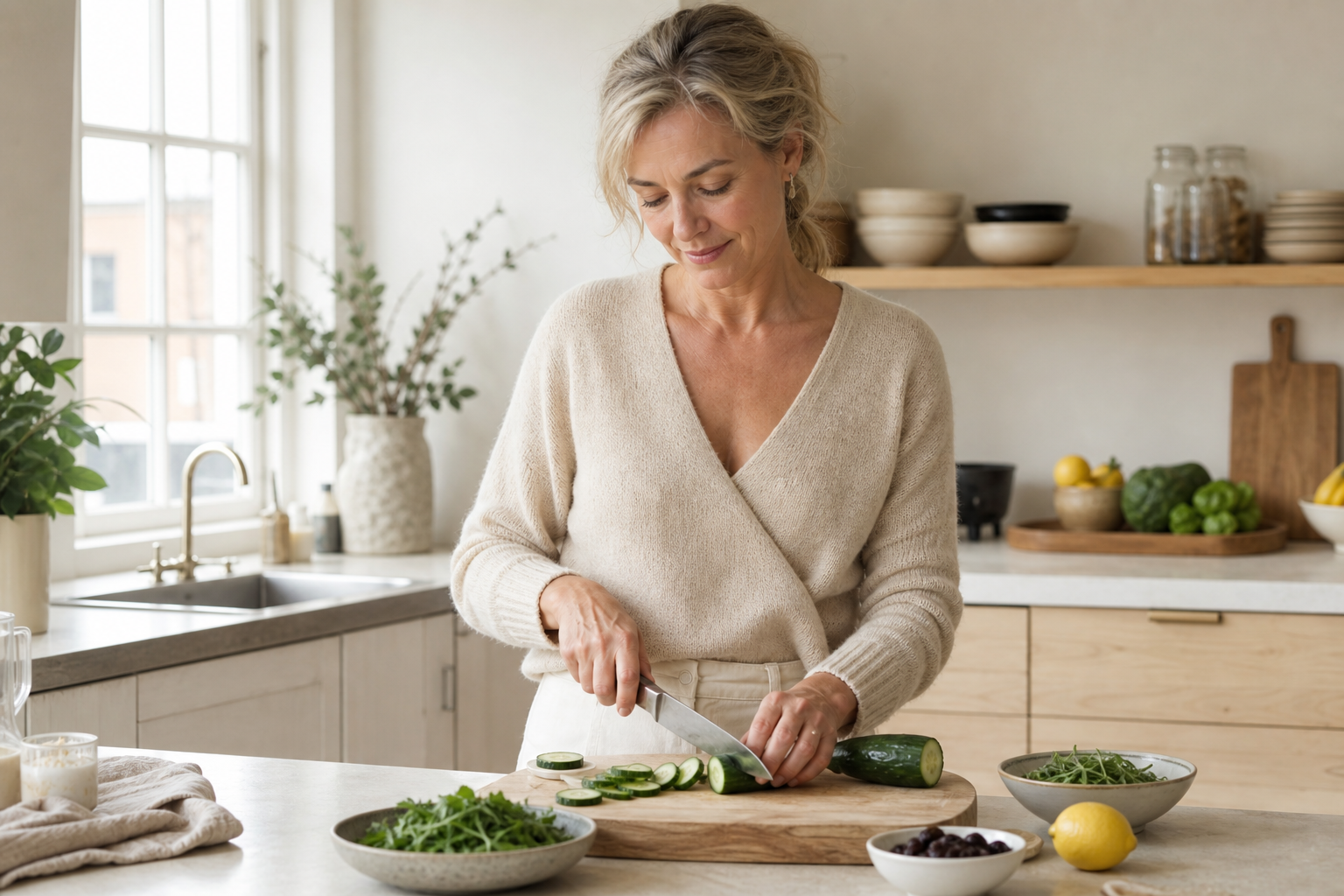 Nederlandse vrouw 55+ bereidt gezonde maaltijd in lichte keuken