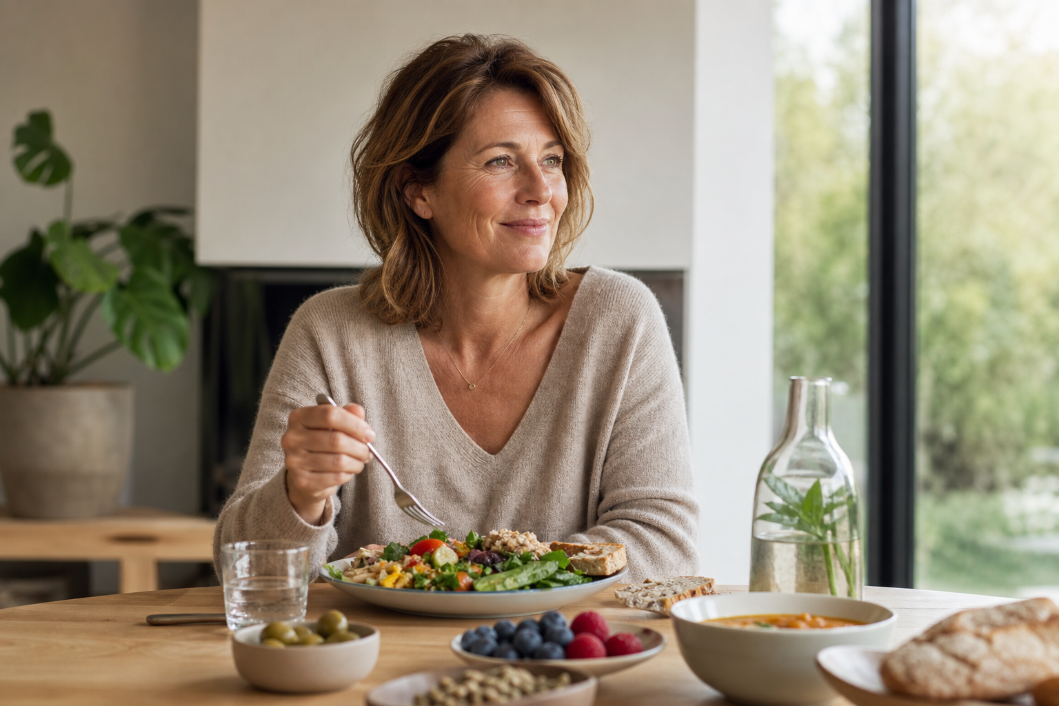 Nederlandse vrouw 51+ gevarieerde maaltijd aan tafel