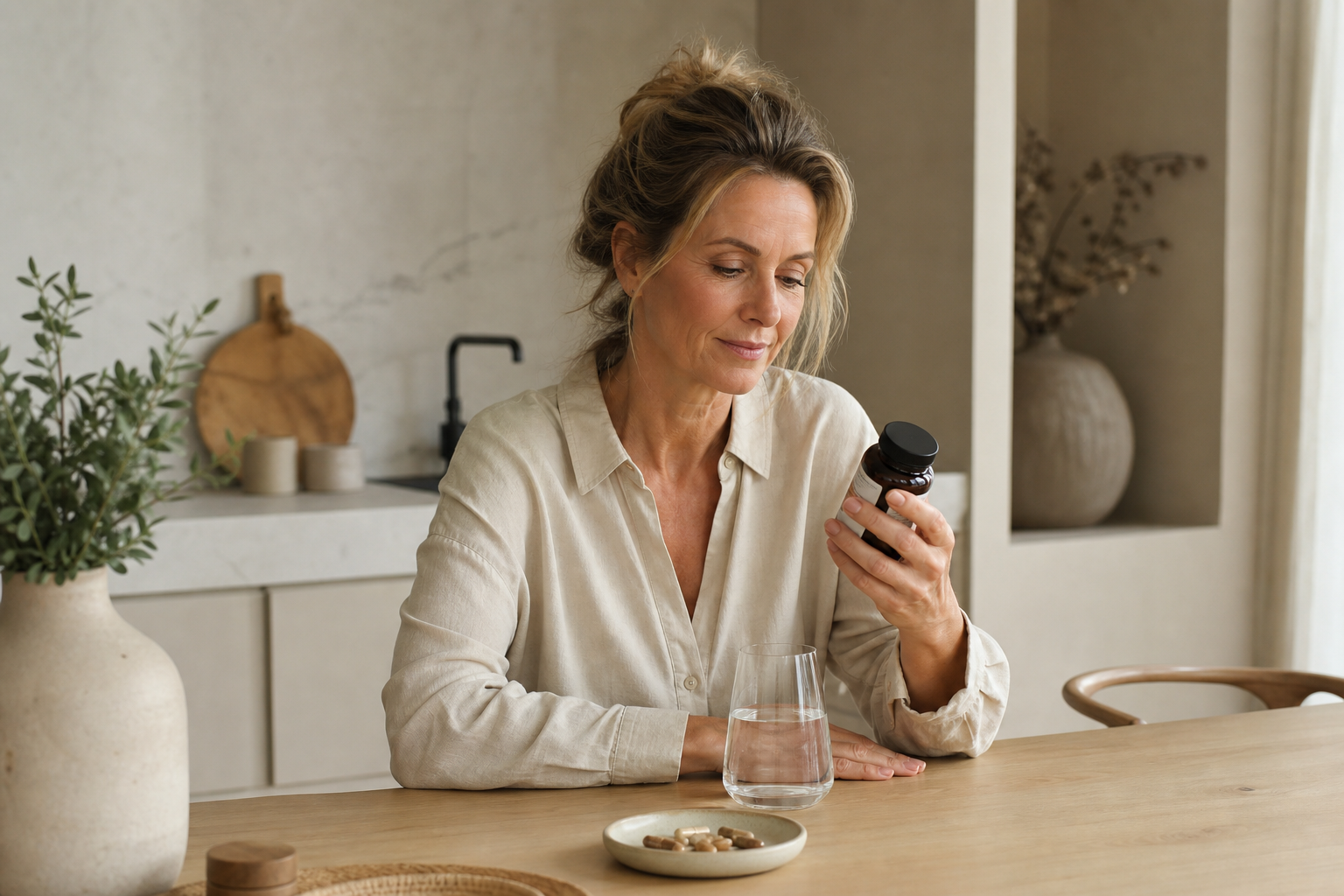 Nederlandse vrouw 50+ leest rustig supplementinformatie aan keukentafel