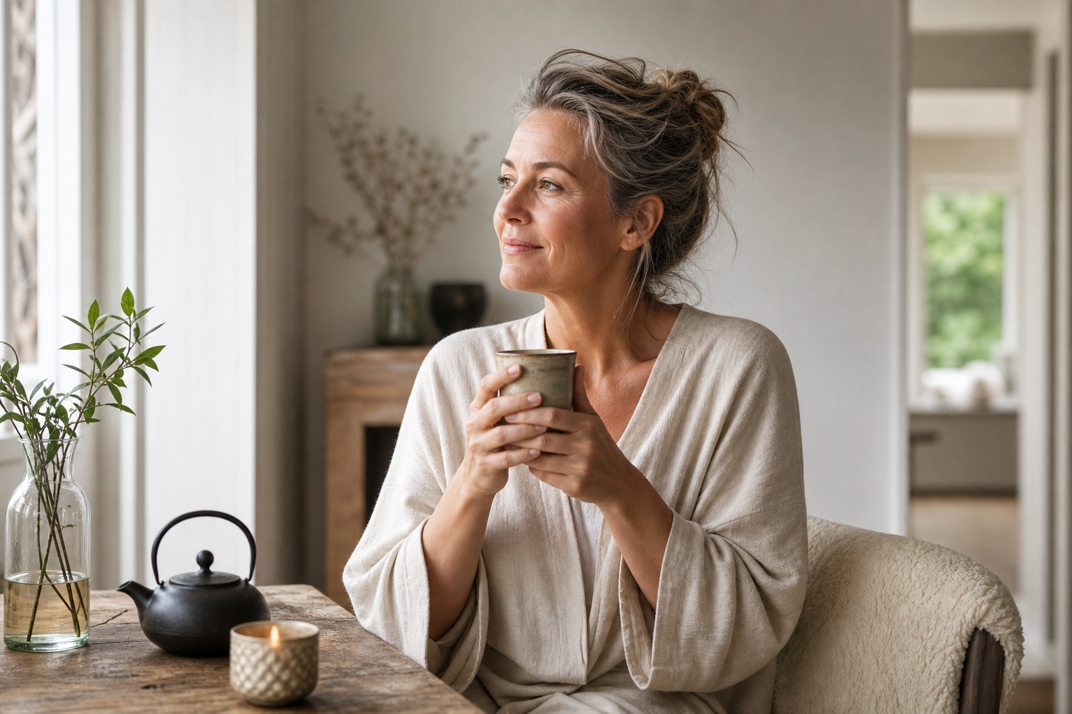 Nederlandse vrouw 53+ start rustige ochtendroutine met thee