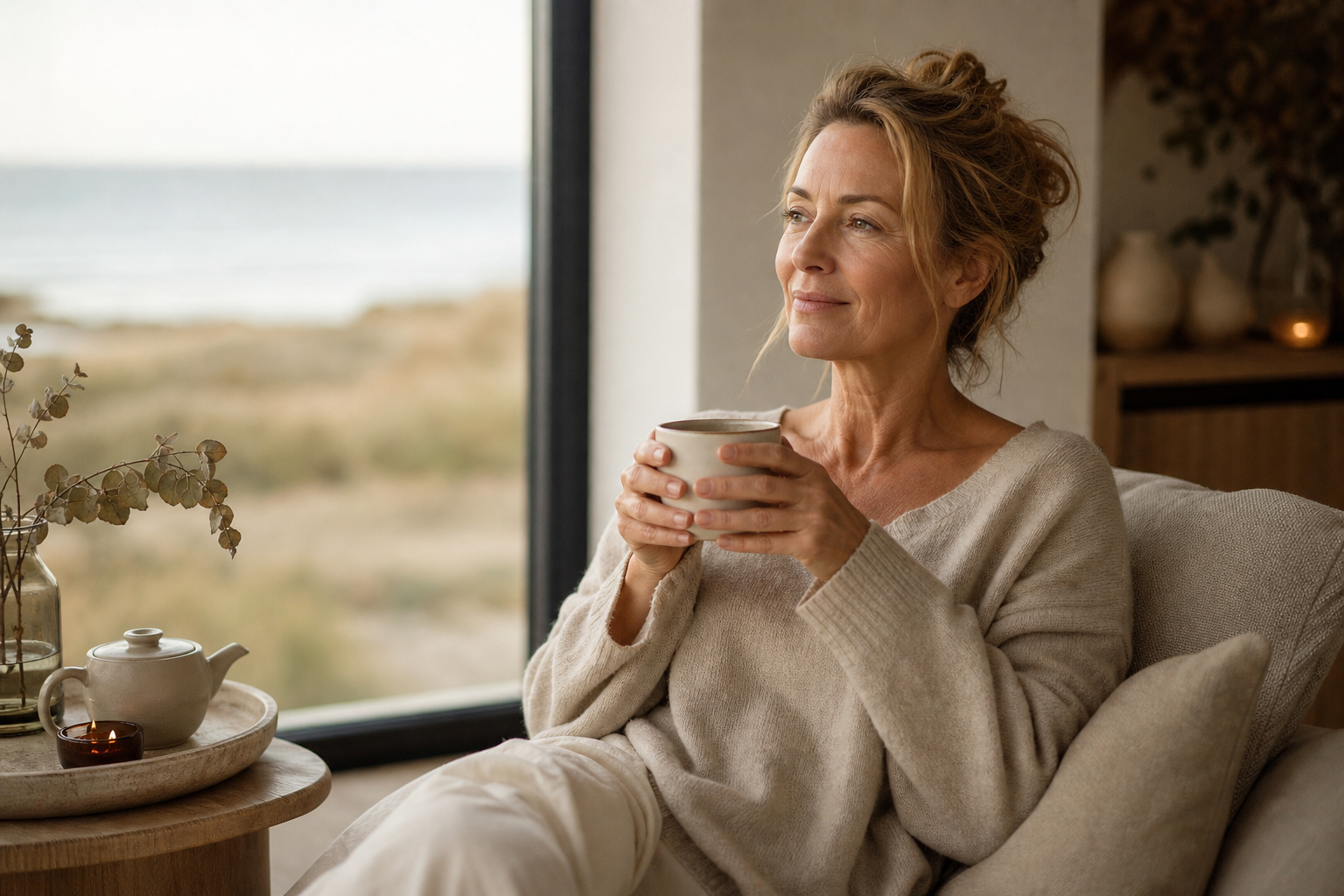 Nederlandse vrouw 50+ rustige ochtendroutine met thee