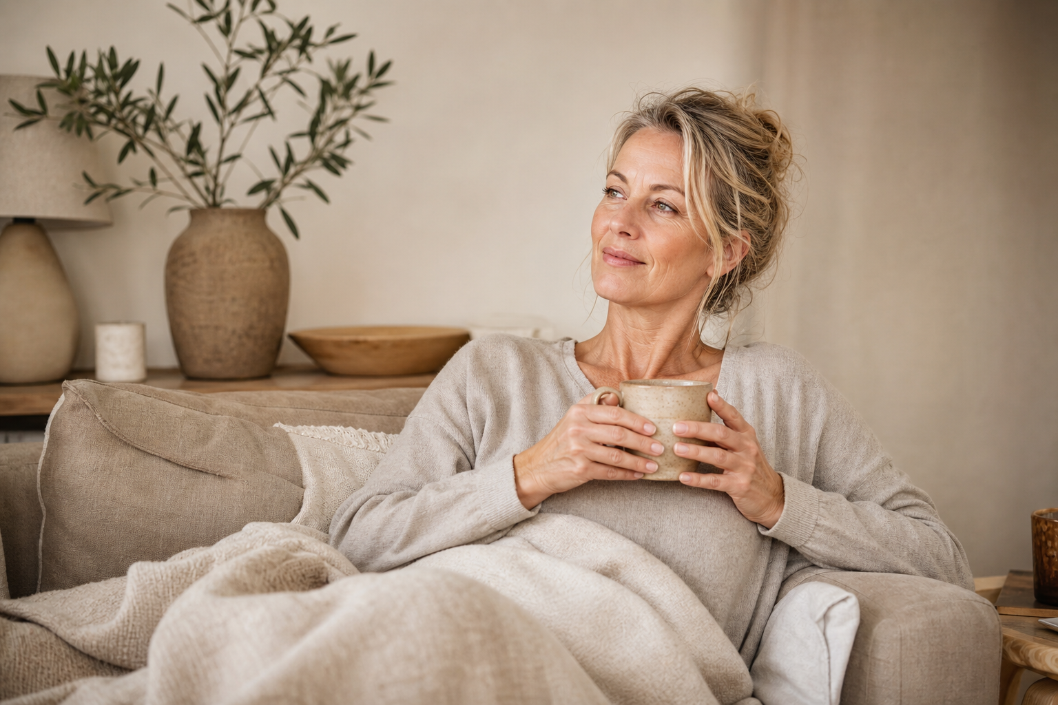 Nederlandse vrouw 53+ rust thuis met thee