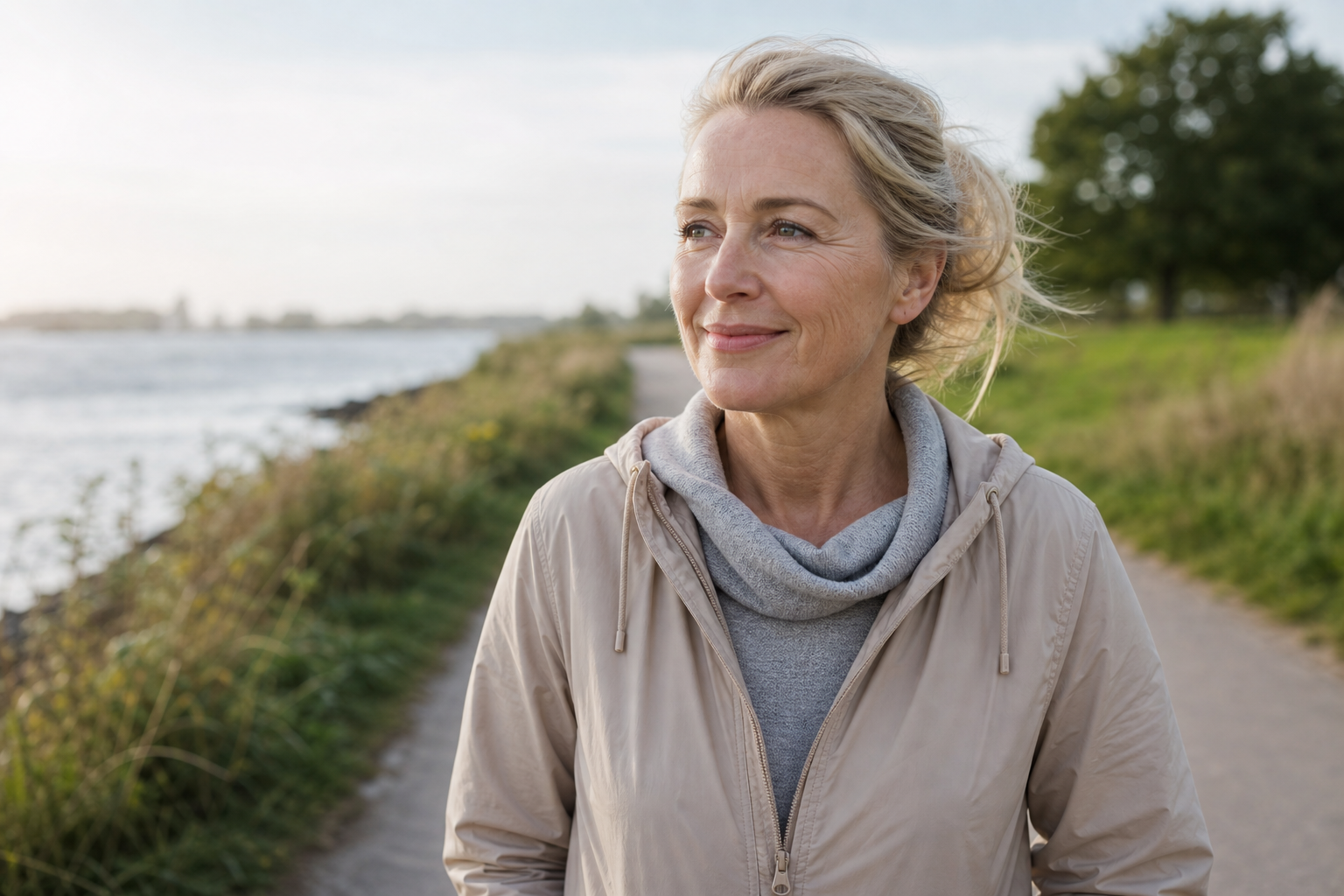 Nederlandse vrouw 54+ frisse ochtendwandeling buiten