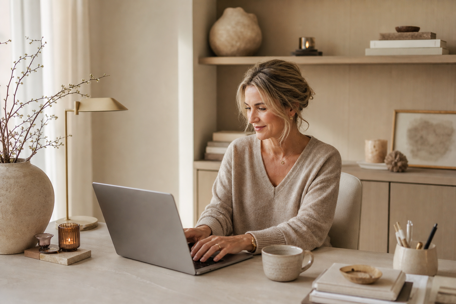 Nederlandse vrouw 50+ georganiseerde werkdag aan bureau