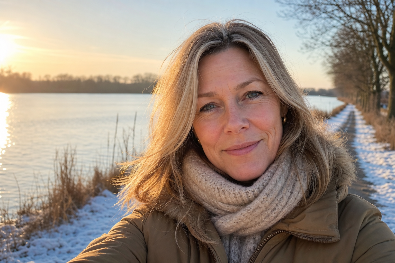 Nederlandse vrouw 49+ wandelt in winterzon