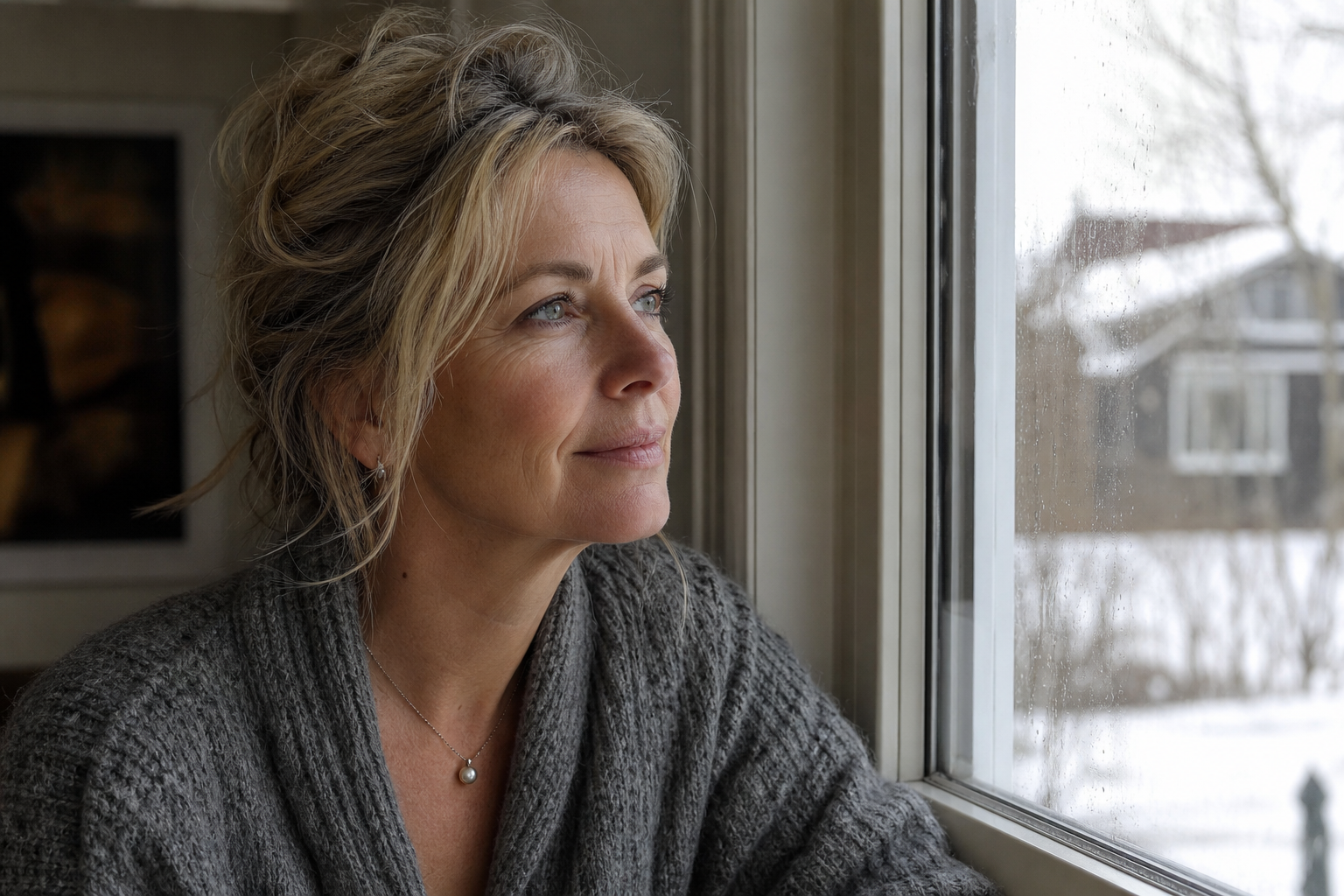 Nederlandse vrouw 50+ bij raam met winterlicht