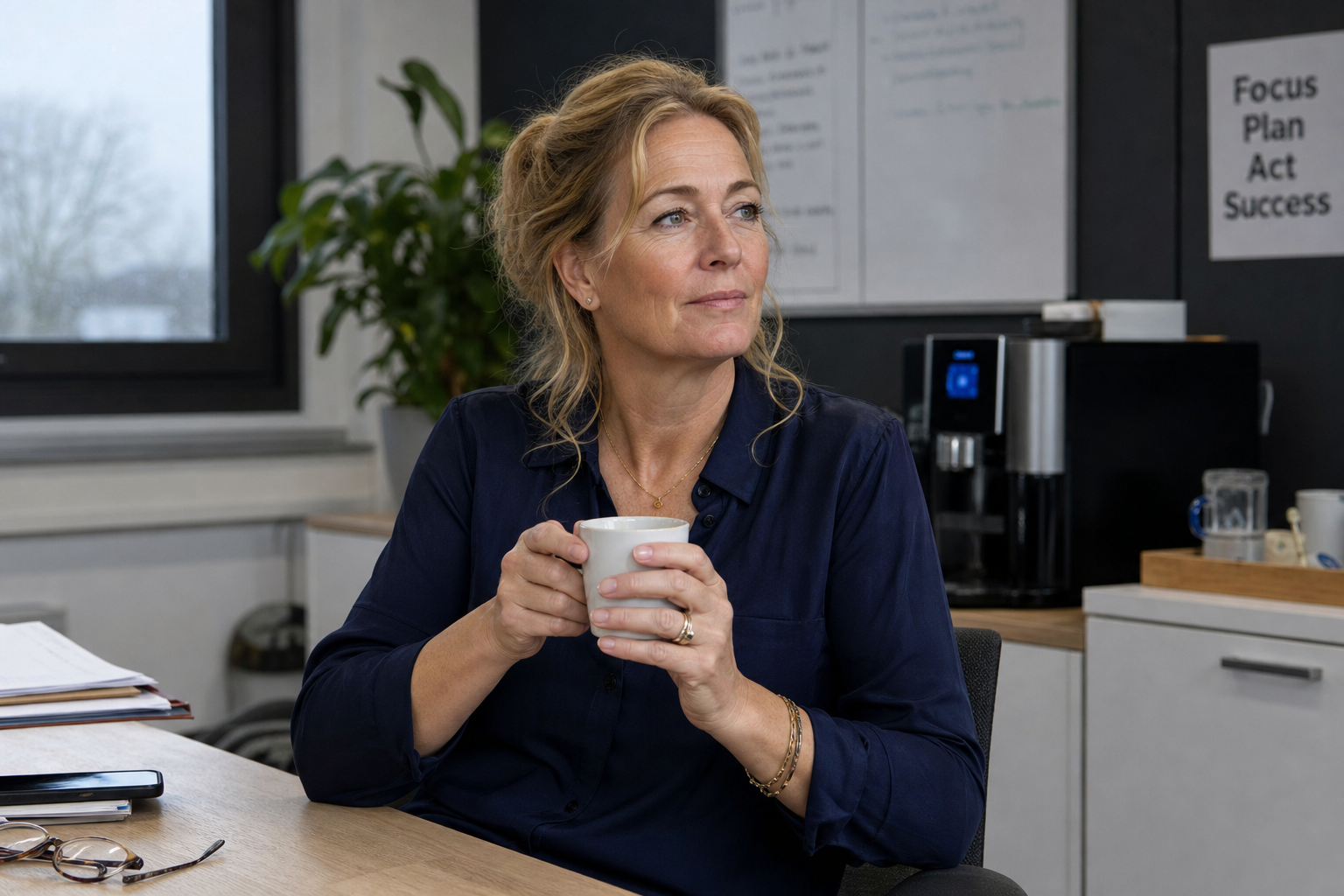 Nederlandse vrouw 50+ rustpauze op kantoor
