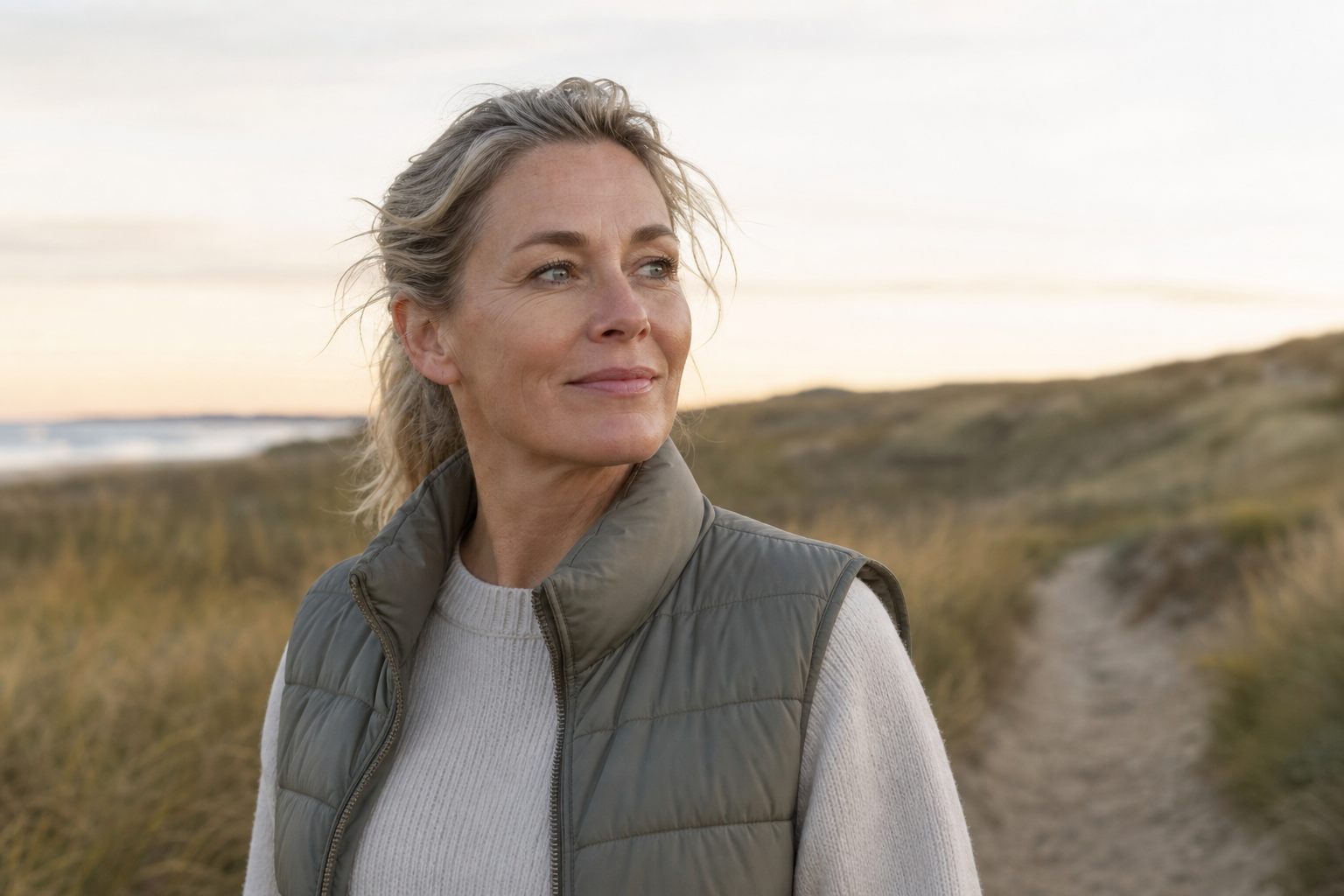 Nederlandse vrouw 48+ frisse ochtendwandeling buiten