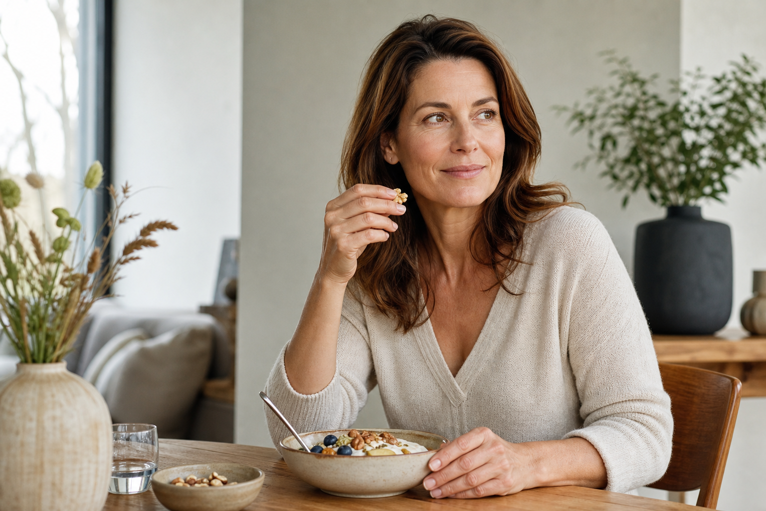 Nederlandse vrouw 47+ gezond ontbijt met noten