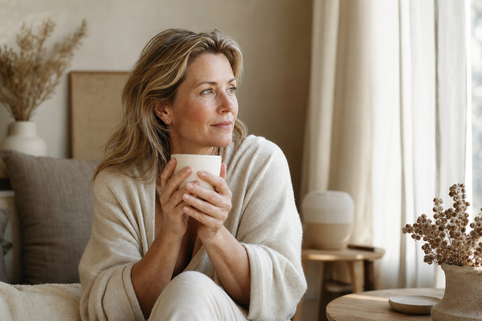 Nederlandse vrouw 51+ peinzend bij ochtendlicht met kop thee