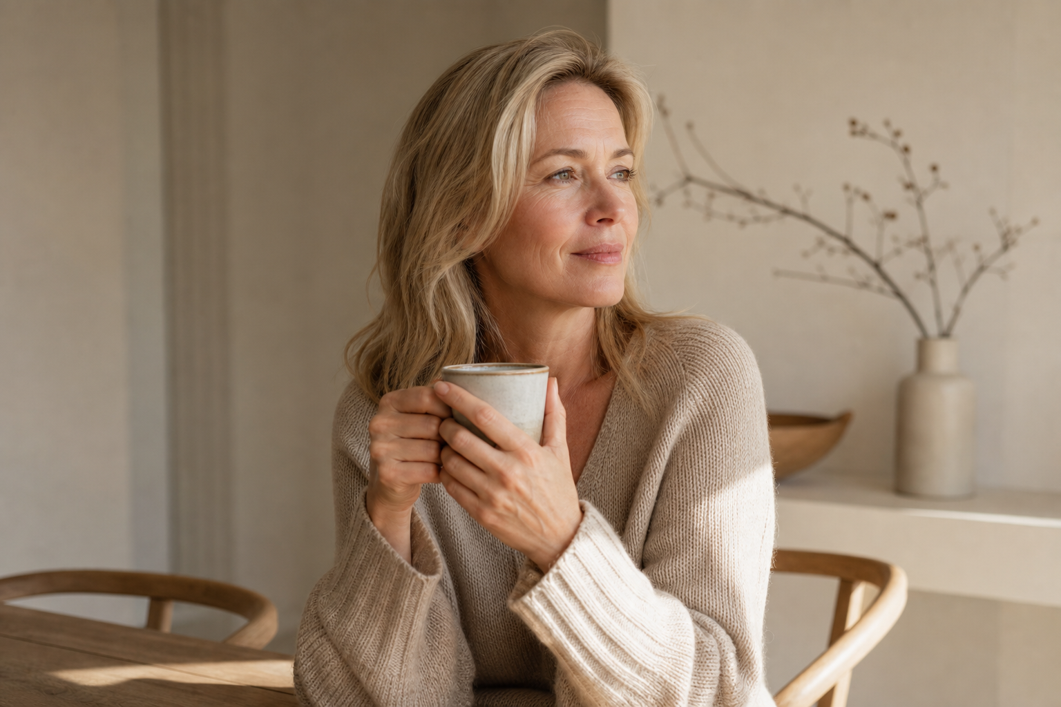 Nederlandse vrouw 52+ peinzend bij ochtendlicht met kop thee