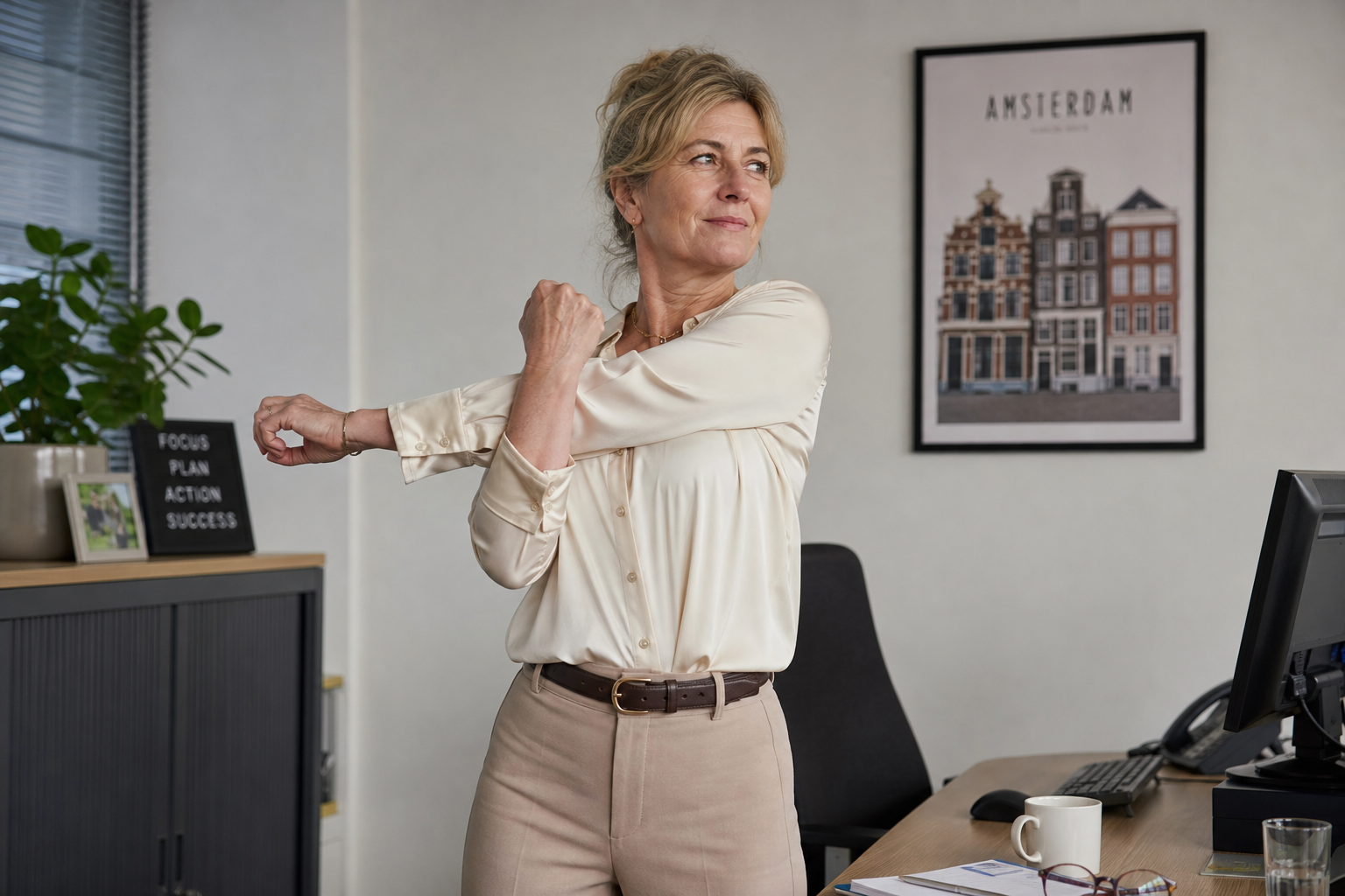 Nederlandse vrouw 54+ stretchpauze op kantoor