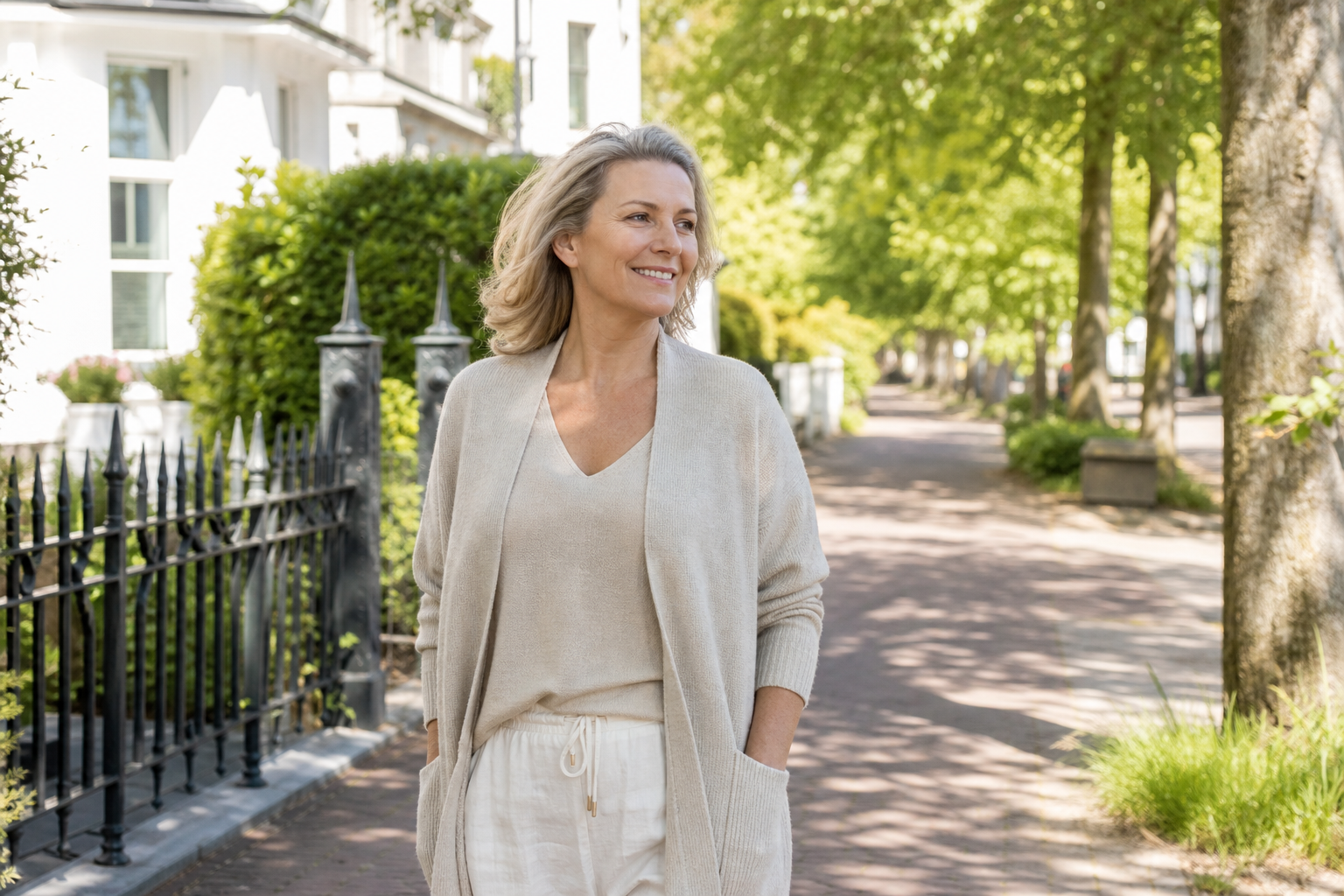 Nederlandse vrouw 55+ wandelt in zonnige ochtend